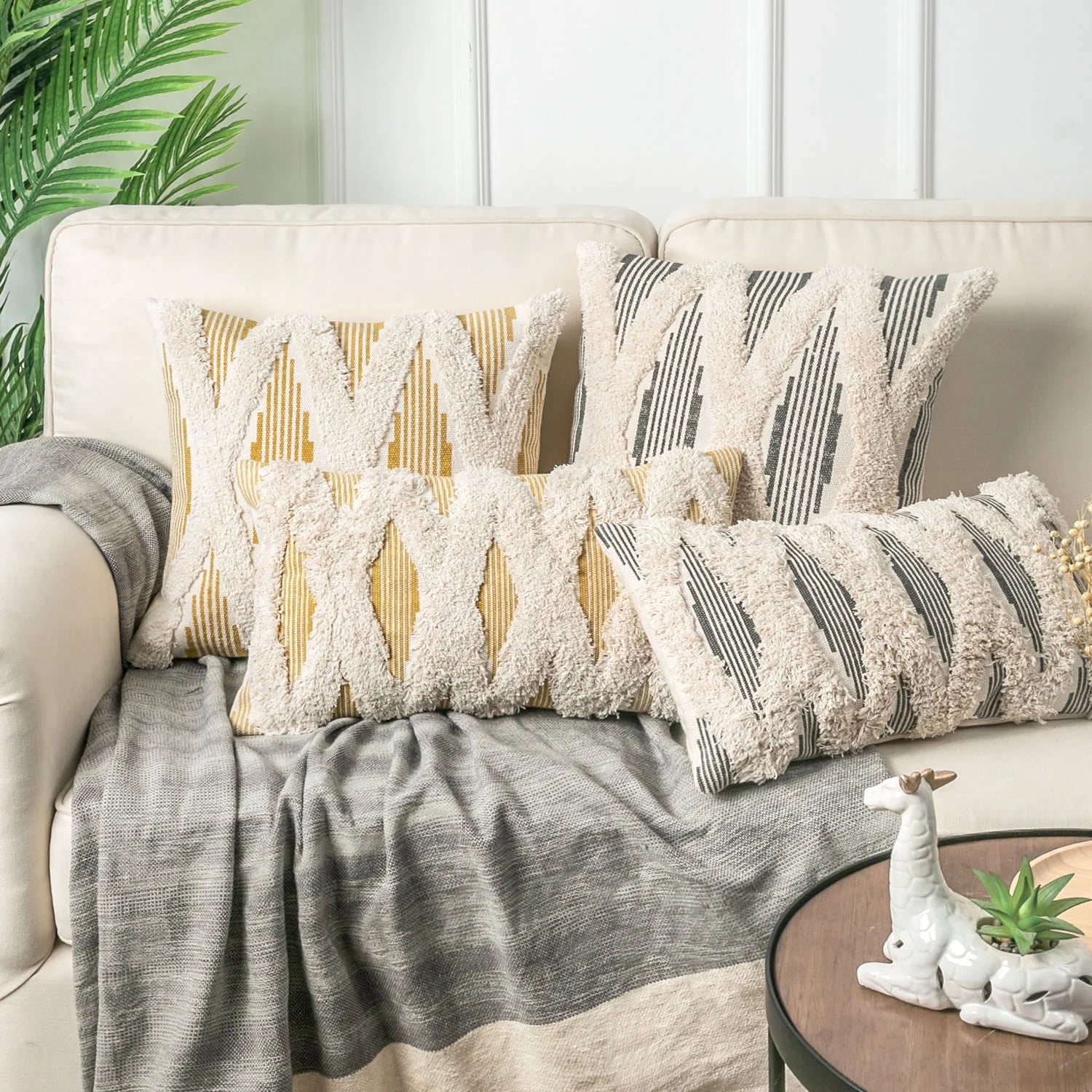 Boho Woven Cross Tufted Series Decorative Throw Pillow Cover, 18" X 18", Gray/Beige, 1 Pack