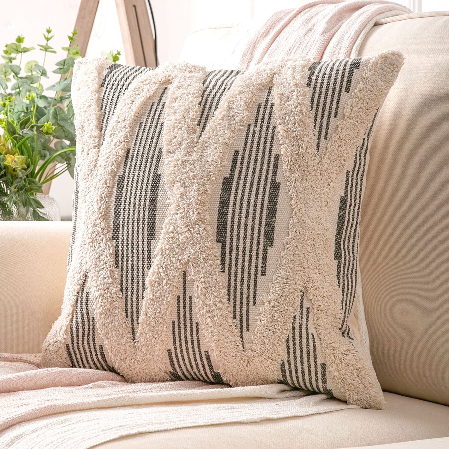 Boho Woven Cross Tufted Series Decorative Throw Pillow Cover, 18" X 18", Gray/Beige, 1 Pack